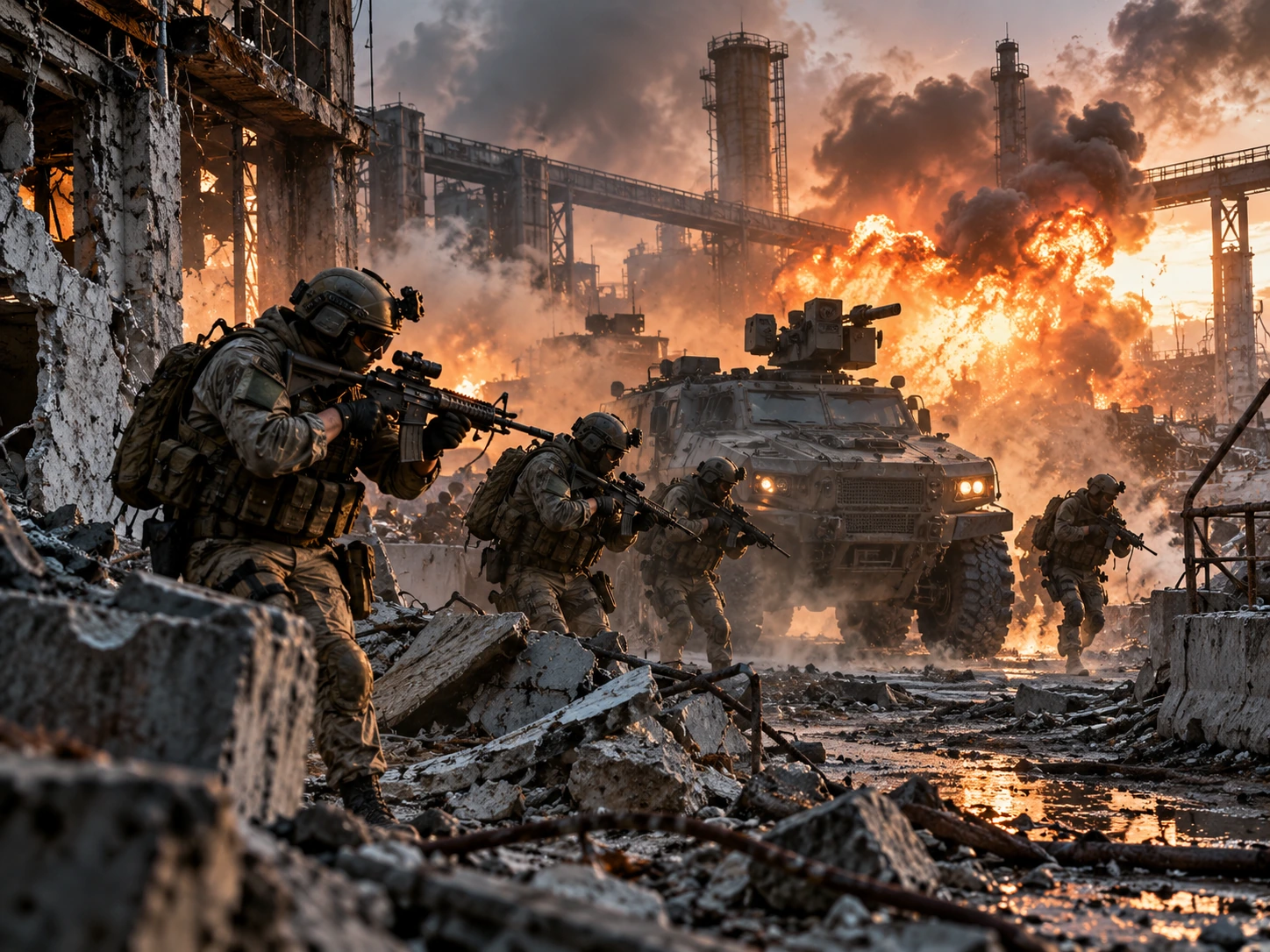 Cinematic battle concept with soldiers, an armored vehicle and dramatic explosions